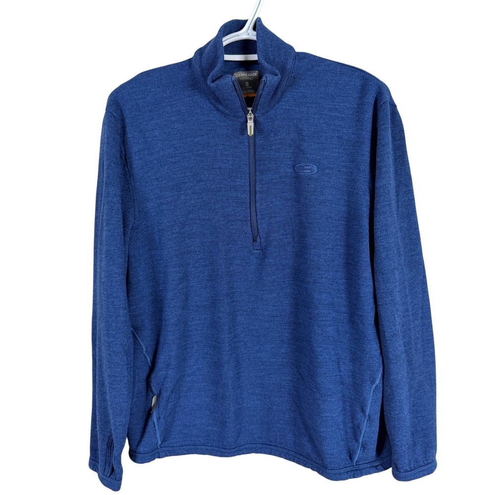 Icebreaker Merino Wool 1/4 Zip Sweater Pullover Mens S Blue Thumbhole‎ Mock Neck